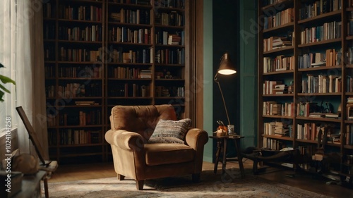 Cozy reading nook featuring a vintage armchair surrounded by bookshelves filled with various titles in a sunlit room