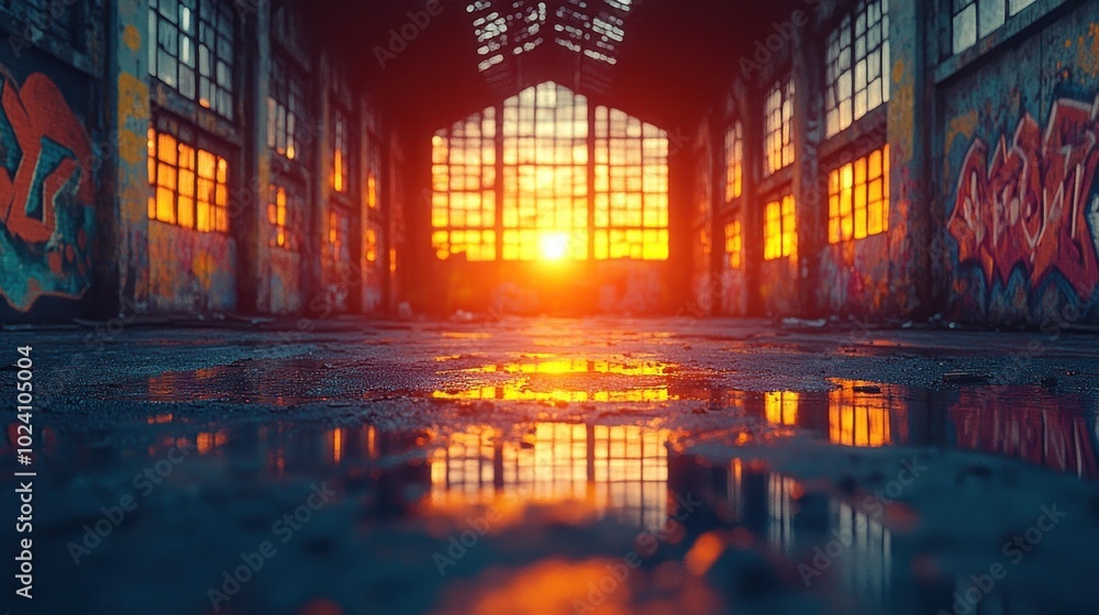 A sunlit view of a large, abandoned building with graffiti on the walls. The sun shines through the windows, casting long shadows on the wet floor. A sunlit view of a large, abandoned building with graffiti on the walls. The sun shines through the windows, casting long shadows on the wet floor.