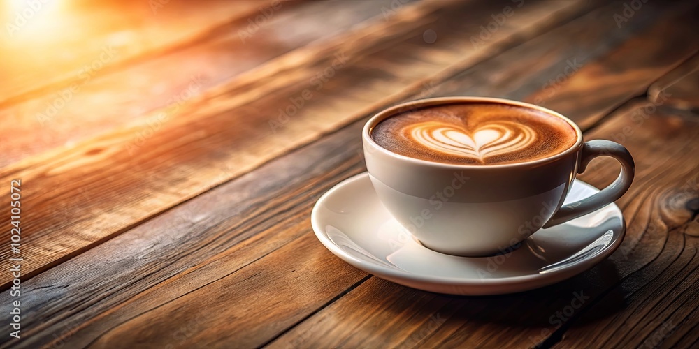 A cup of coffee with a heart-shaped design in the foam, nestled on a rustic wooden table with warm sunlight streaming in. A cup of coffee with a heart-shaped design in the foam, nestled on a rustic wooden table with warm sunlight streaming in.