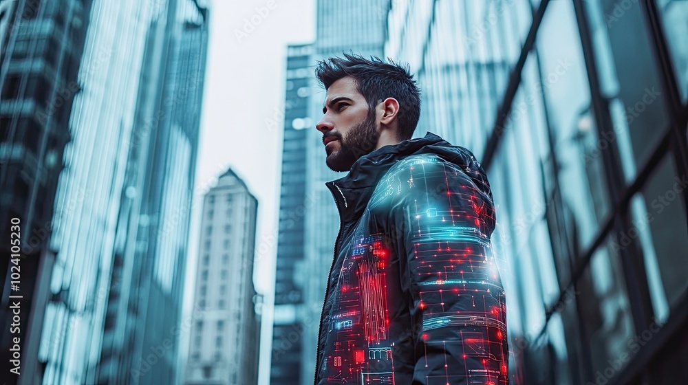 High-tech clothing in urban environments for tech-savvy professionals. High-tech clothing in urban environments for tech-savvy professionals.