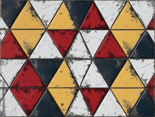 Grunge textured diamond tile pattern with red, yellow, blue, and white colors, resembling a vintage mosaic design. Concept of retro aesthetics, abstract backgrounds, and geometric textures (19)