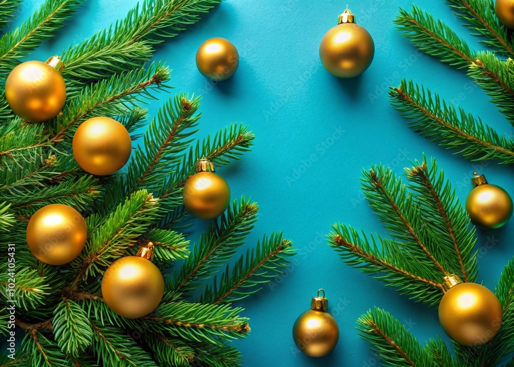 Festive flat lay captures Christmas tree branches adorned with shimmering golden baubles against a deep blue background, evoking holiday cheer and Festive flat lay captures Christmas tree branches adorned with shimmering golden baubles against a deep blue background, evoking holiday cheer and