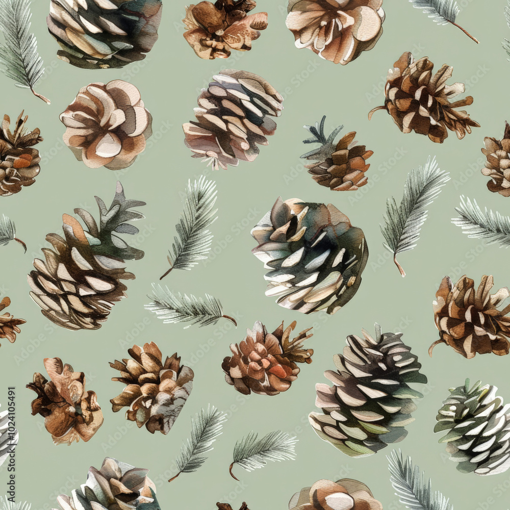 Fototapeta premium Watercolor pine cones and needles in gentle earth tones create serene pattern. Perfect for nature inspired designs.