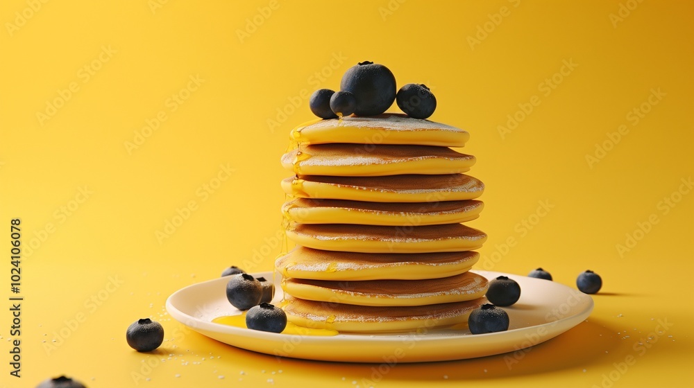 Blueberry pancake stack homemade on white plate and yellow background Blueberry pancake stack homemade on white plate and yellow background