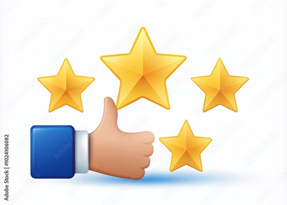 Five Star Customer Rating with Thumbs Up, Positive Review Evaluation Vector Illustration on White Background Five Star Customer Rating with Thumbs Up, Positive Review Evaluation Vector Illustration on White Background