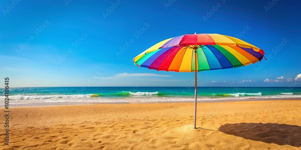 A vibrant rainbow beach umbrella stands tall against the backdrop of a tranquil blue ocean and a golden sand beach. A vibrant rainbow beach umbrella stands tall against the backdrop of a tranquil blue ocean and a golden sand beach.