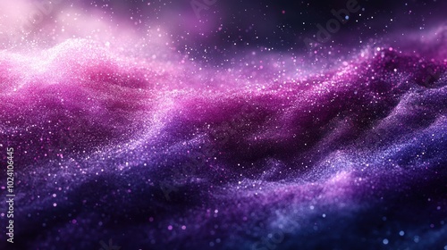 Abstract background of pink, purple and blue glowing particles, creating a wave-like formation.