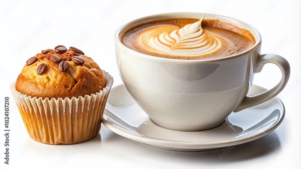 Fresh Coffee Latte in Tall Cup with Delicious Muffin Isolated on White Background Perfect for Breakfast Lovers and Fresh Coffee Latte in Tall Cup with Delicious Muffin Isolated on White Background Perfect for Breakfast Lovers and