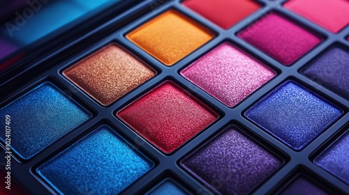 Close-up of a colorful eyeshadow palette with various shades and textures.