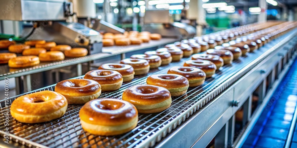 Freshly Glazed Donuts on a Production Line in a Confectionery Factory with Industrial Equipment and Delicious Sweets Freshly Glazed Donuts on a Production Line in a Confectionery Factory with Industrial Equipment and Delicious Sweets