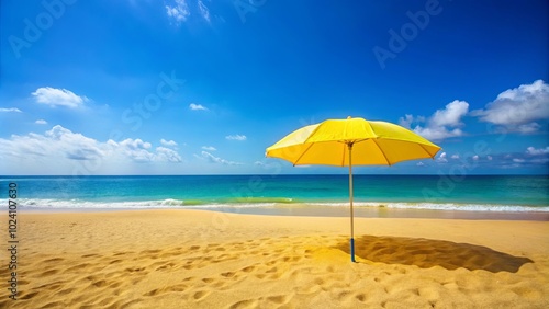 A solitary yellow beach umbrella casts a welcoming shadow on the pristine golden sand  creating a perfect haven on a day of cerulean skies and sparkling azure waters.