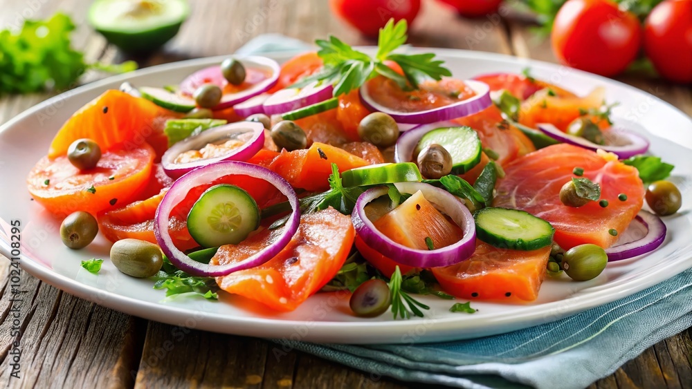 Fresh Smoked Salmon Salad with Red Onion, Capers, Tomato, and Cucumber on a White Plate for Healthy Eating Fresh Smoked Salmon Salad with Red Onion, Capers, Tomato, and Cucumber on a White Plate for Healthy Eating