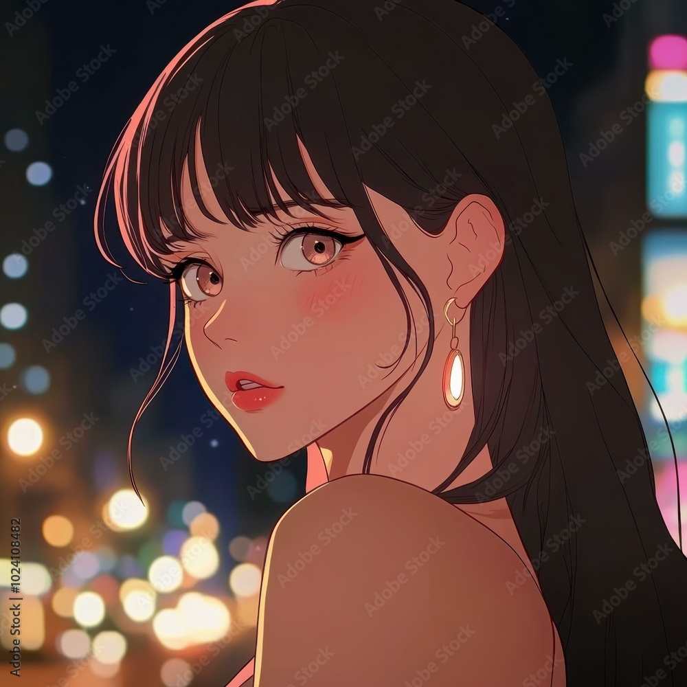 Φωτογραφία Experience the allure of a beautifully styled woman at night, illustrated in a charming vintage comic art aesthetic
