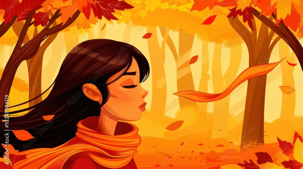 A joyful woman revels in the autumn breeze, her scarf dancing in the air as nature surrounds her in vibrant colors. A joyful woman revels in the autumn breeze, her scarf dancing in the air as nature surrounds her in vibrant colors.