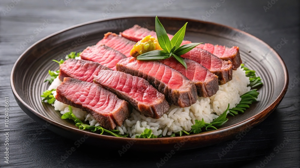 Japanese beef sushi on black plate with forced perspective Japanese beef sushi on black plate with forced perspective