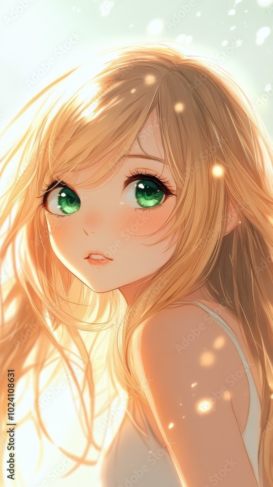 A dream of a stunning blonde girl with green eyes and a warm smile, illustrated in a captivating anime style. A dream of a stunning blonde girl with green eyes and a warm smile, illustrated in a captivating anime style.