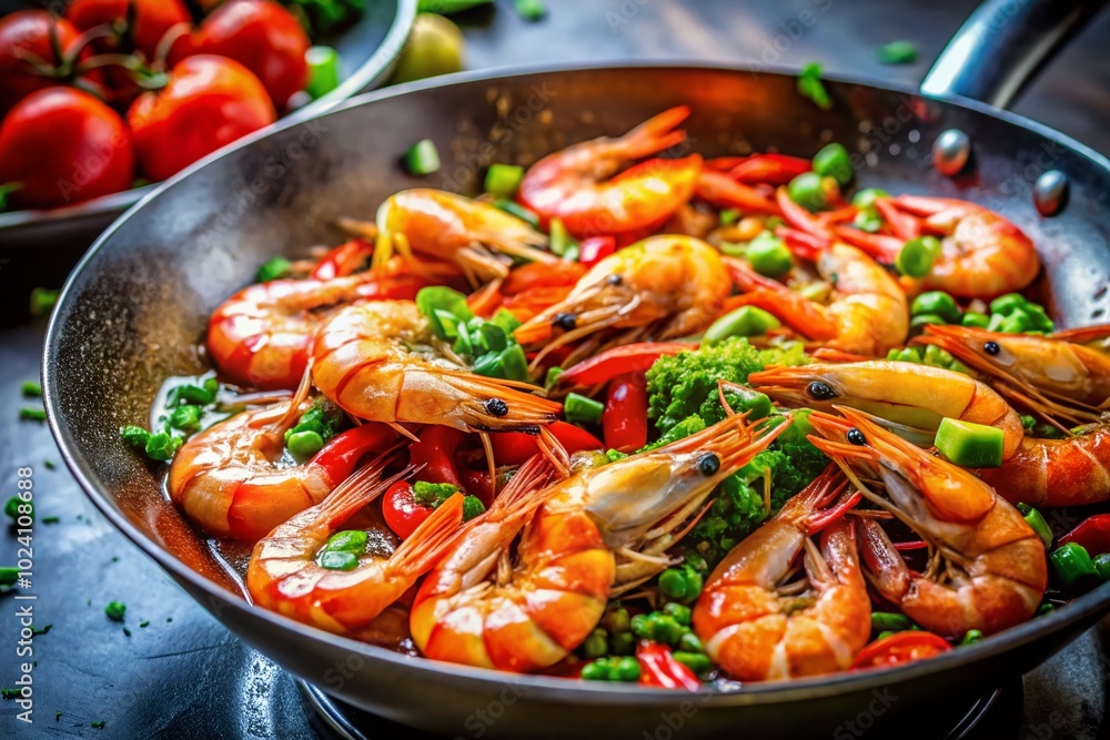 Frying Shrimp in a Wok Pan at a Restaurant - Delicious Seafood Cooking in a Professional Kitchen Setting Frying Shrimp in a Wok Pan at a Restaurant - Delicious Seafood Cooking in a Professional Kitchen Setting