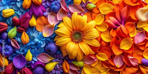 A vibrant tapestry of petals and blossoms arranged in a rainbow of colors, capturing the essence of nature's artistry.