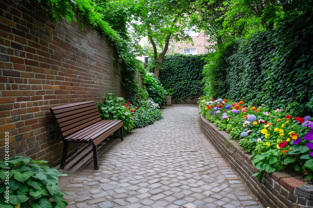 Φωτογραφία A Charming Walled Garden with Colorful Flowers and Climbing Vines Creating a Ser