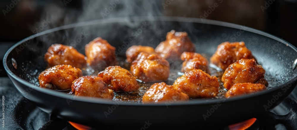 Close-up of a skillet with sizzling and steaming chicken pieces with a sweet and savory sauce. Close-up of a skillet with sizzling and steaming chicken pieces with a sweet and savory sauce.