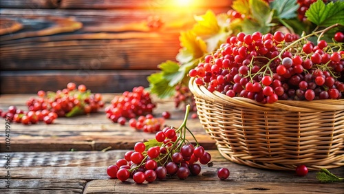 A basket filled with ripe red berries on a rustic wooden surface, bathed in warm golden sunlight.