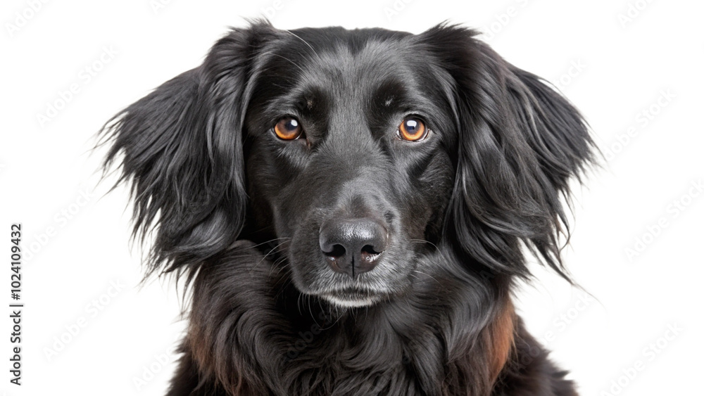 Close-Up Portrait of a Majestic Black Dog with Expressive Brown Eyes and Fluffy Fur Against a Clean White Background Close-Up Portrait of a Majestic Black Dog with Expressive Brown Eyes and Fluffy Fur Against a Clean White Background