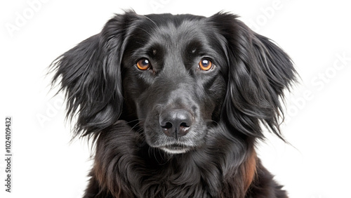 Close-Up Portrait of a Majestic Black Dog with Expressive Brown Eyes and Fluffy Fur Against a Clean White Background