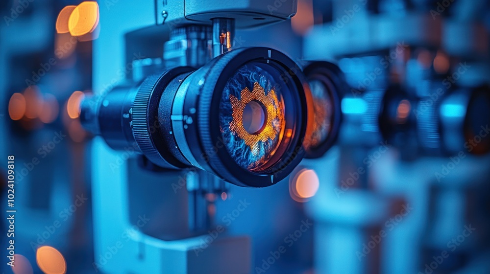 Fototapeta premium Close-up of a microscope lens with intricate details and lighting.