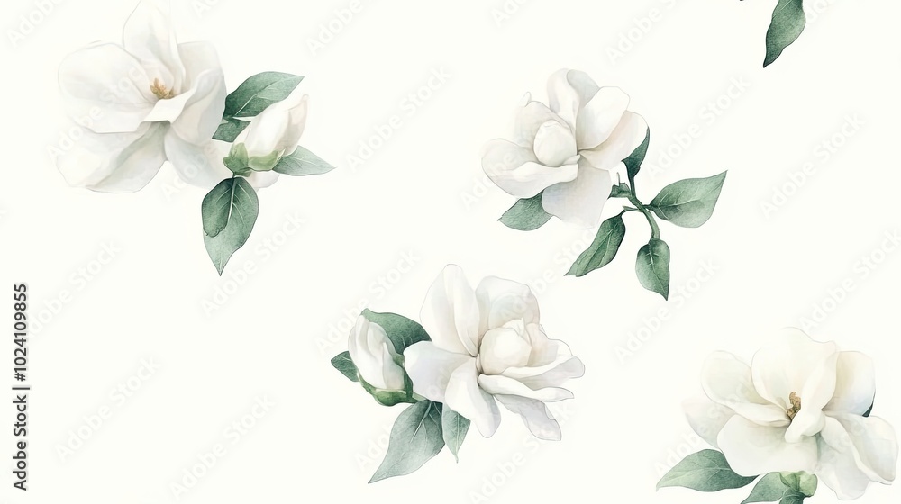 Elegant White Magnolia Flowers with Green Leaves on a Soft Background for Floral and Botanical Design Elegant White Magnolia Flowers with Green Leaves on a Soft Background for Floral and Botanical Design