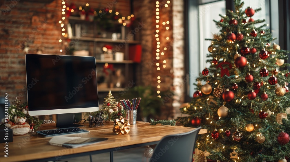 A Cozy Holiday Workspace Adorned With a Festive Christmas Tree and Twinkling Lights in a Rustic Setting A Cozy Holiday Workspace Adorned With a Festive Christmas Tree and Twinkling Lights in a Rustic Setting