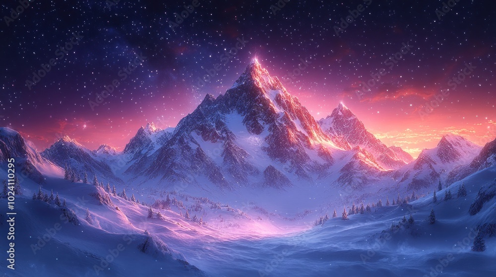 Majestic snow-covered mountains at sunset with a starry sky. Majestic snow-covered mountains at sunset with a starry sky.