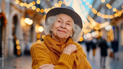 An elderly woman stands alone on a festive street, watching joyous crowds and reflecting on loneliness during Christmas. photo