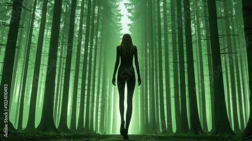 A sleek robot woman strides through a vibrant, digital forest, showcasing the blend of nature and technology. photo