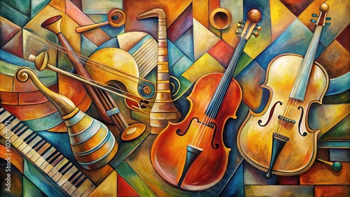 jazz themed cubist abstract painting of musical instruments