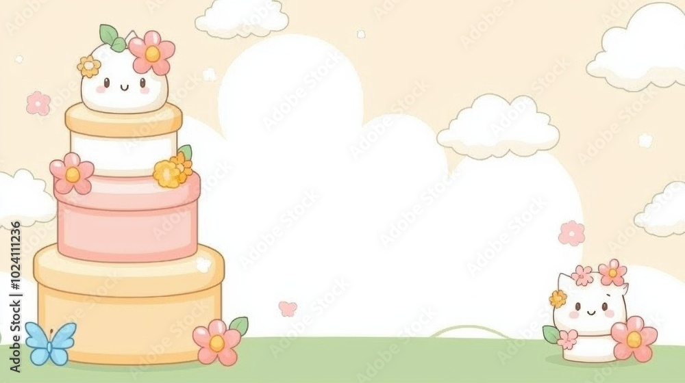 Fototapeta premium Cute Cartoon Cake with Flowers and Kawaii Cat