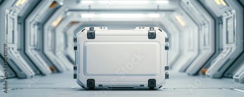 Futuristic energy container glowing in soft blue, set in a sterile, scifi environment with sleek metallic surfaces and control panels