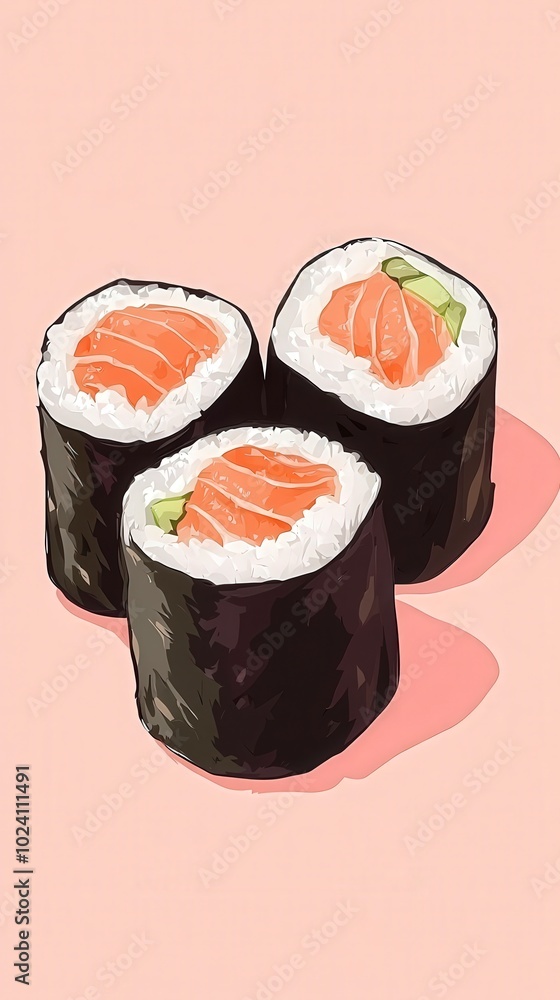 Illustration of three sushi rolls with salmon and avocado on pink background Illustration of three sushi rolls with salmon and avocado on pink background
