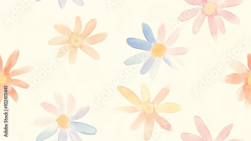 Watercolor Floral Pattern with Pastel Daisies on Light Background for Decorative and Artistic Design Projects