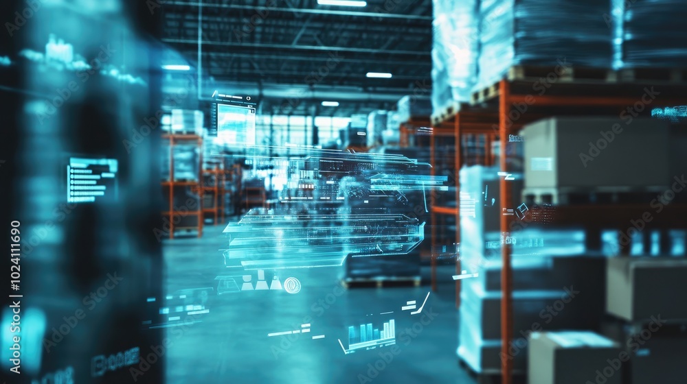 Futuristic Warehouse with Digital Interface Overlay Showcasing Advanced Logistics and Inventory Management Technology