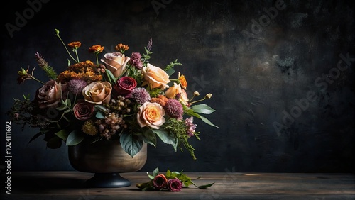 Wallpaper Mural A Still Life Arrangement Featuring a Varied Collection of Blooms in a Classic Ornate Vase on a Rustic Wooden Surface Torontodigital.ca