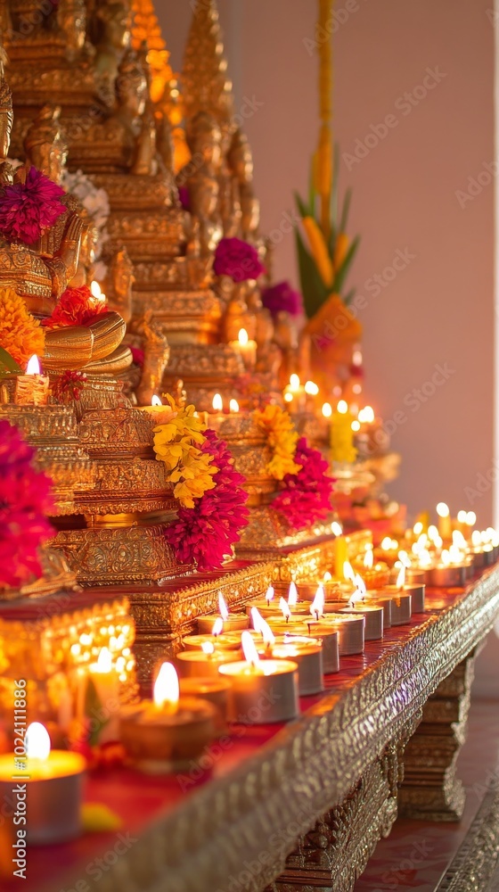 Obraz premium Minimalist background of Lao Buddha: Capturing the essence of Buddhist culture, golden statues, and timeless landmarks in Luang Prabang.