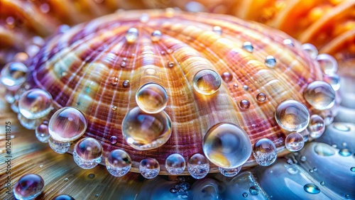 A symphony of iridescent hues and glistening drops of water adorning a textured seashell, capturing the delicate beauty of nature's intricate designs. photo