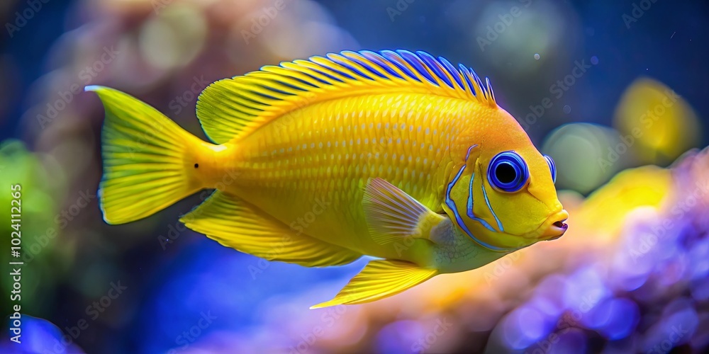 A vibrantly colored fish with a yellow body, blue stripes, and large eyes, swimming gracefully through a vibrant underwater world. A vibrantly colored fish with a yellow body, blue stripes, and large eyes, swimming gracefully through a vibrant underwater world.