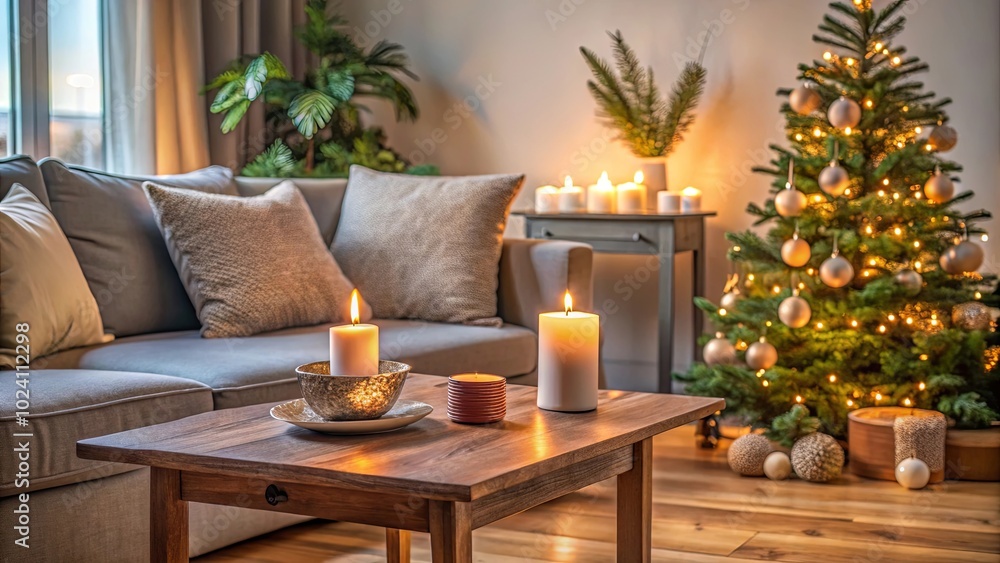 Cozy Living Room with a Decorated Christmas Tree and Burning Candles on a Wooden Coffee Table Cozy Living Room with a Decorated Christmas Tree and Burning Candles on a Wooden Coffee Table