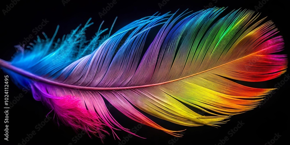 A vibrant feather, its delicate structure illuminated by a spectrum of color, against a stark black background, creating a captivating interplay of light and form. A vibrant feather, its delicate structure illuminated by a spectrum of color, against a stark black background, creating a captivating interplay of light and form.