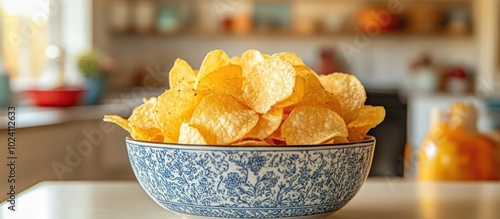 Crispy potato chips in a blue and white patterned bowl on a kitchen counter. photo