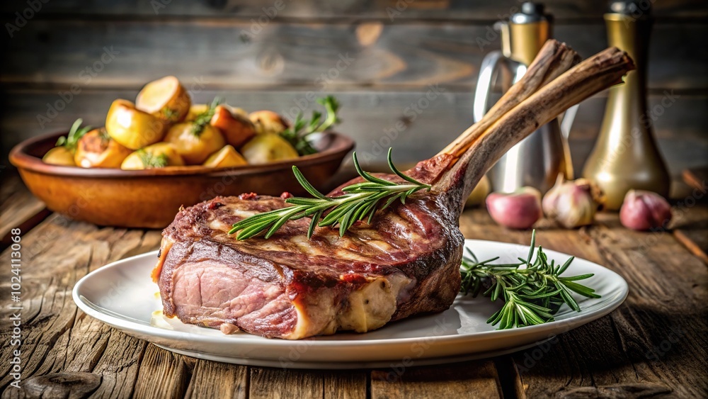 Juicy tomahawk steak on white plate with rosemary and potatoes on kitchen background Juicy tomahawk steak on white plate with rosemary and potatoes on kitchen background
