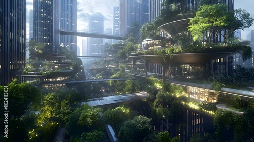 A Futuristic Cityscape with Integrated Greenery and Sky Bridges