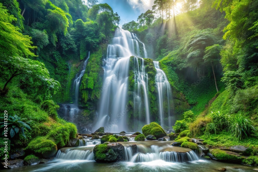 Jungle waterfall cascading through lush green foliage Jungle waterfall cascading through lush green foliage