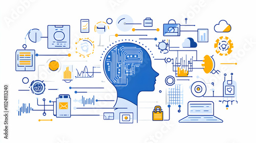 A blue outline of a human head with a circuit board inside connected to various technology related icons and lines.